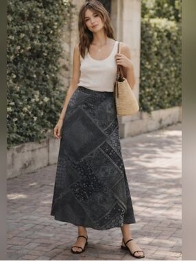 Boho Paisley Green Maxi Skirt 70s Retro Cottagecore Indie Chic Easy Fit